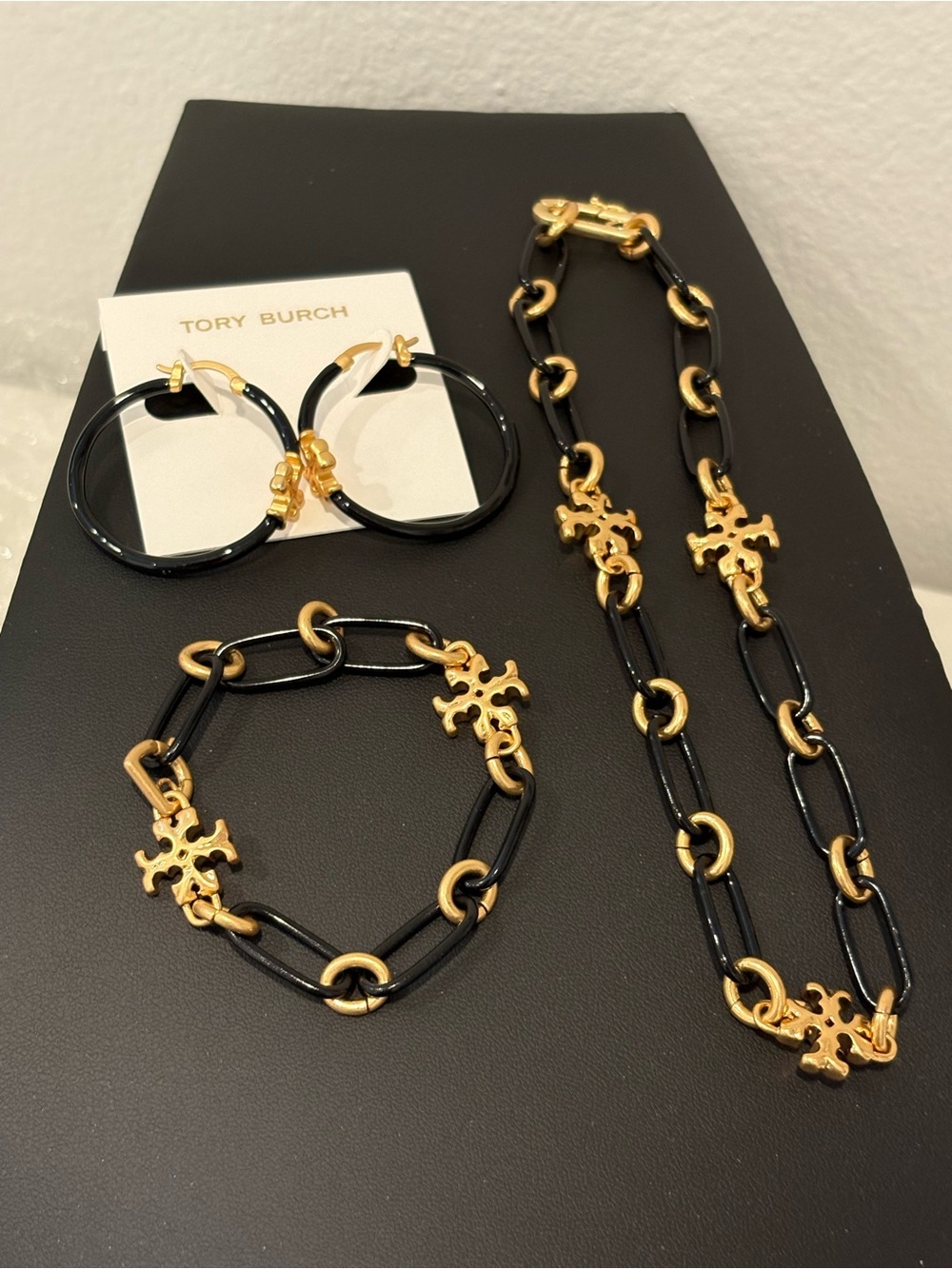 Tory Burch Black Enamel and Gold Logo Chain Necklace, Bracelet & Earrings Set